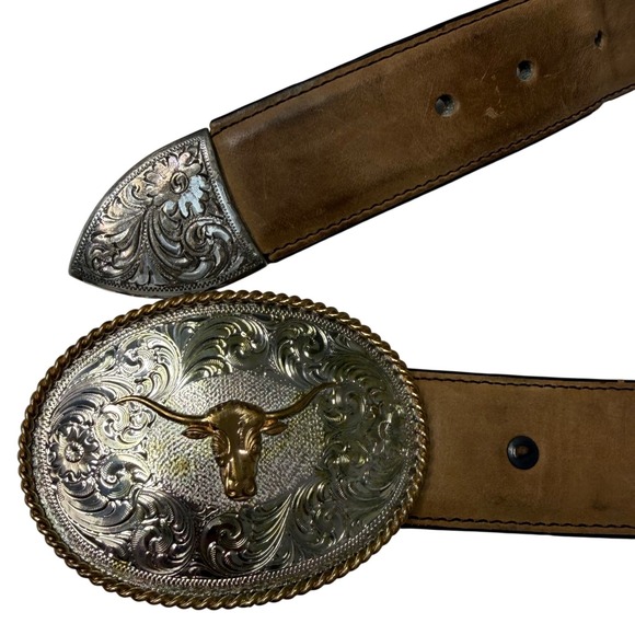 Montana Silversmiths Leather Longhorn Concho Belt Brown Western Rodeo Cowgirl 34